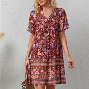 Boho floral print v mini dress